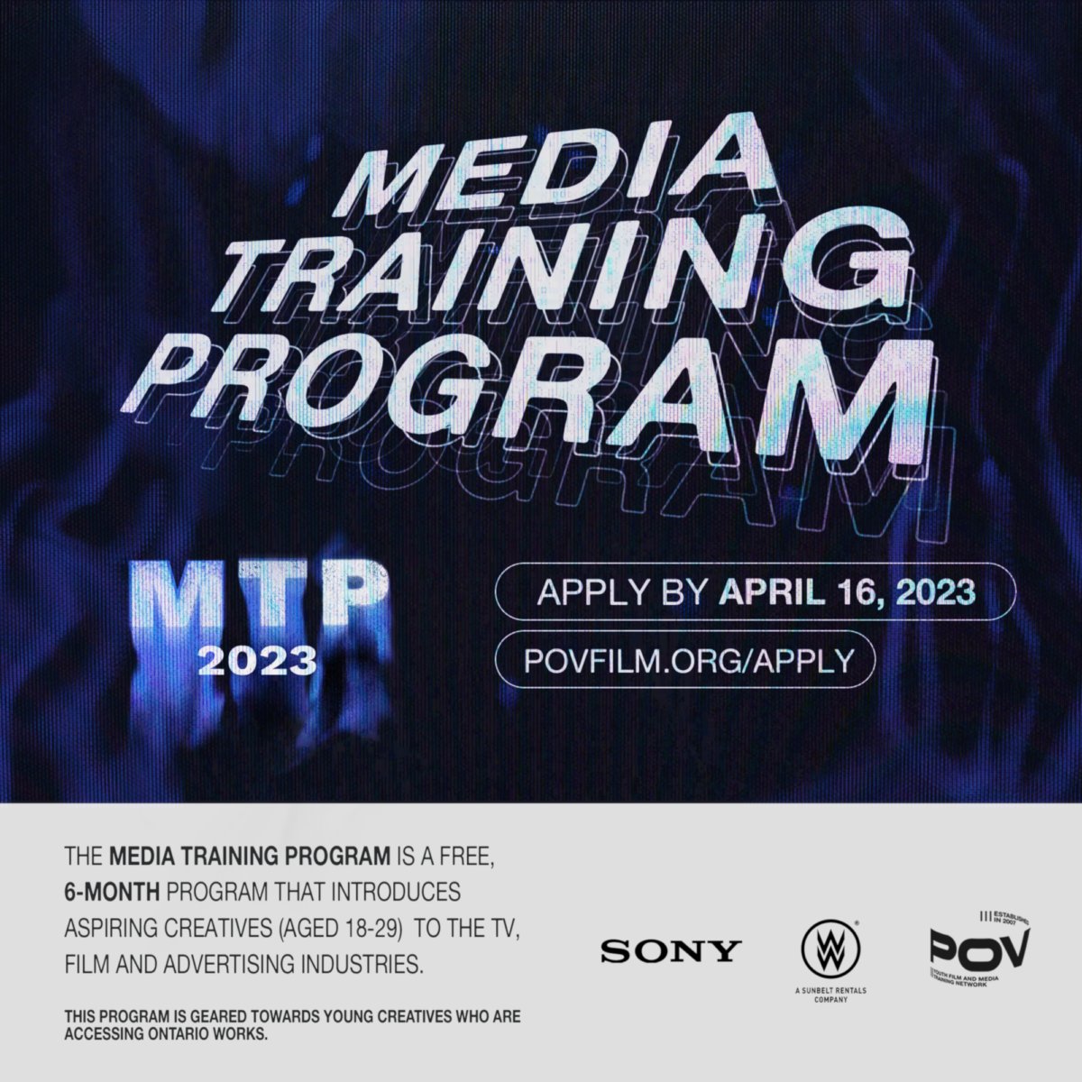 povfilm's tweet photo. The Media Training Program is a free 6-month program that introduces aspiring creatives to the TV, film and advertising industries.

Eligibility requirements:
– OW recipient
– Ages 18-29
– Passionate about working in the media industry

Apply here: https://t.co/gLhKO3ftoY https://t.co/V21JehQGUd