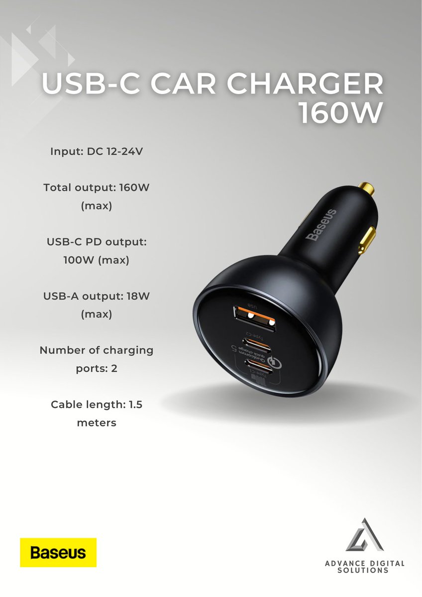 Charge all your devices on-the-go with the Baseus 160W USB-C Car Charger! Say goodbye to running out of battery on long road trips. 

#roadtripessential #caraccessories #usbccarcharger #techgear #Adsii #Techsolutions