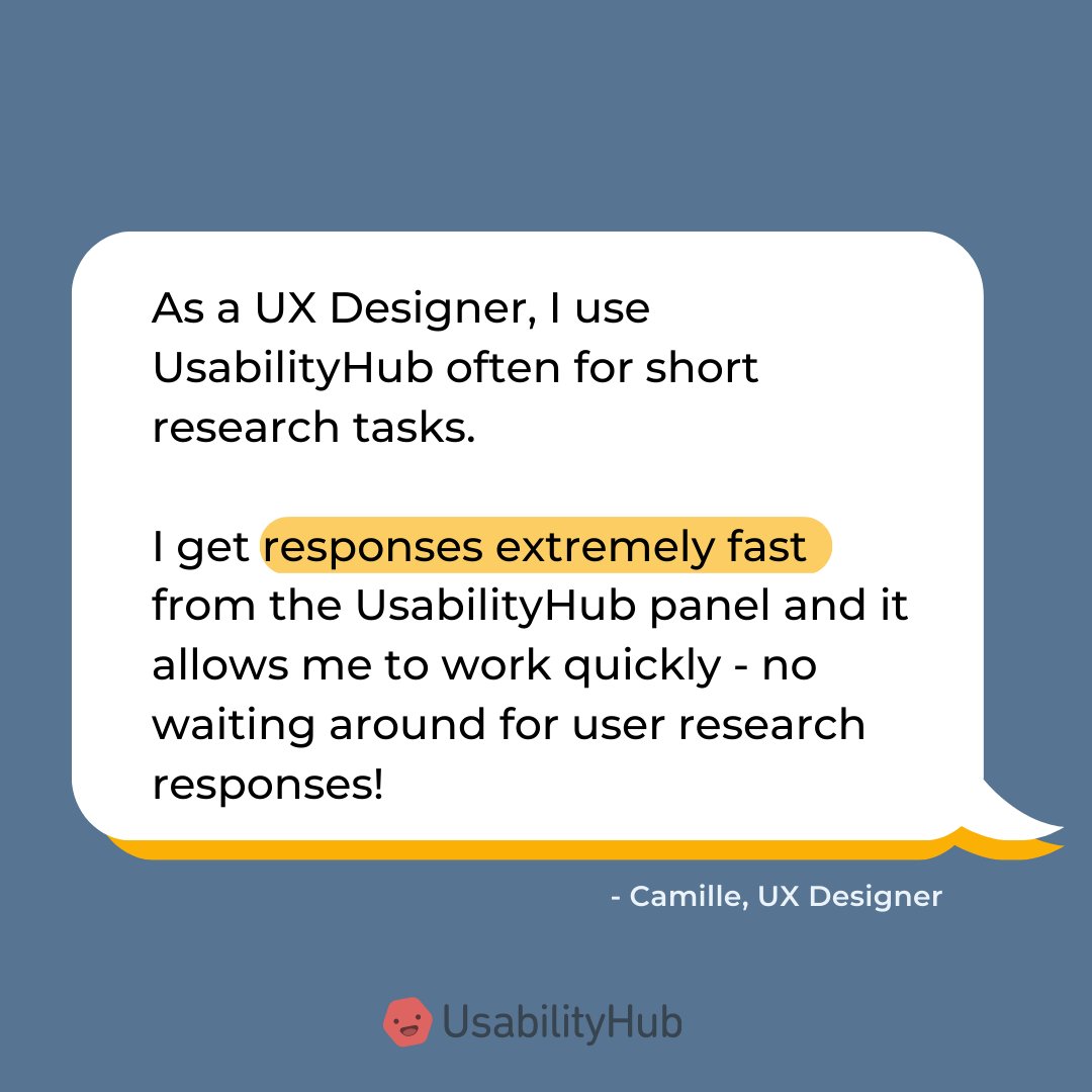 WeAreLyssna's tweet photo. Let's hear it for the 👏 UsabilityHub 👏 panel 👏
Access over half a million panelists on-demand, who are ready to test your designs in real-time... and in haste. 🏎️💨
#usabilityhub #usabilitytesting #userexperience #usertesting #userresearch #designthinking #customer #share https://t.co/u8w95t11sb