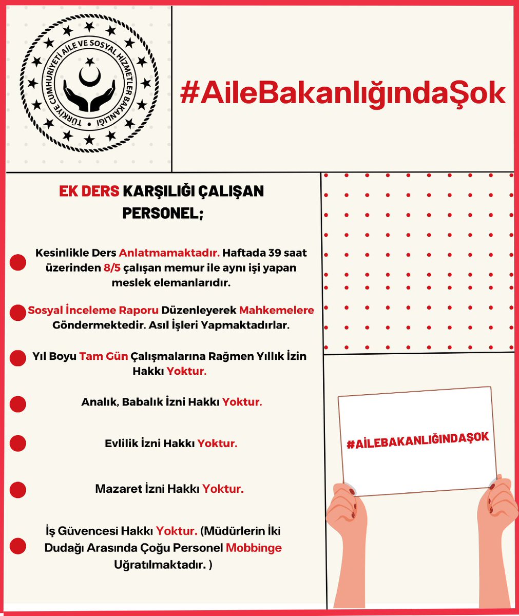 18 yıldır Aile Bakanlığında tam zamanlı çalışan Ekdersli personellerin özlük hakları verilmedi yıllardır çözüm bekliyorz reis bir annenin süt, annelik izni ve bir babanın babalık izni olmadan asgari ücretin altındayz
#ReisAiledekiEkDersliyeMüjde 
<a href="/MarcosGoleiro12/">Marcos Roberto Reis</a> <a href="/BY/">Binali Yıldırım</a> <a href="/vedatbilgn/">Vedat Bilgin</a>