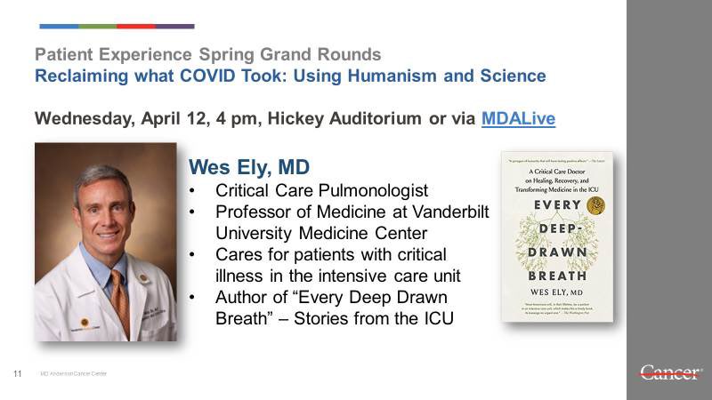 Beth Comcowich Garcia (@bethgarciamda) on Twitter photo All <a href="/MDAndersonNews/">MD Anderson Cancer Center</a> employees join us for Patient Experience Grand Rounds Wed April 12th 4-5pm Hickey Auditorium. <a href="/WesElyMD/">WesElyMD</a> acclaimed author will speak about Reclaiming What COVID Took: Using Humanism and Science virtual option. <a href="/Frumovitz/">Michael Frumovitz</a> #EndCancer <a href="/drmakesha/">Makesha Miggins</a> @QuynhNguyenM All <a href="/MDAndersonNews/">MD Anderson Cancer Center</a> employees join us for Patient Experience Grand Rounds Wed April 12th 4-5pm Hickey Auditorium. <a href="/WesElyMD/">WesElyMD</a> acclaimed author will speak about Reclaiming What COVID Took: Using Humanism and Science virtual option. <a href="/Frumovitz/">Michael Frumovitz</a> #EndCancer <a href="/drmakesha/">Makesha Miggins</a> @QuynhNguyenM
