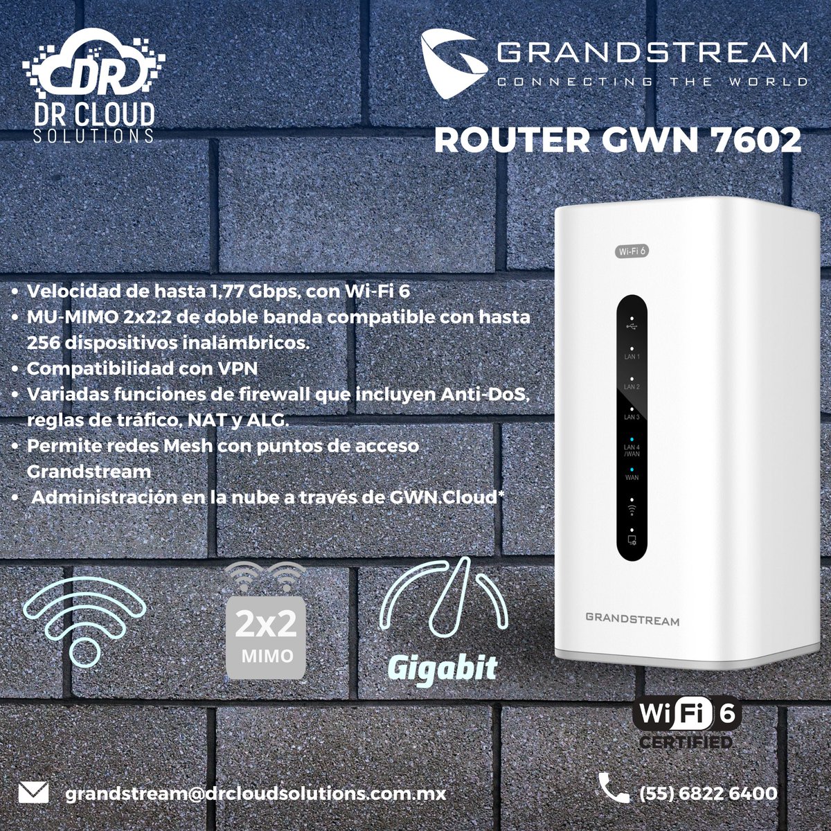 DRCloudSolution's tweet photo. El GWN7062 es un router seguro de doble banda equipado con la tecnología Wi-Fi 6 (802.11ax) más reciente. 
CONTÁCTANOS
grandstream@drcloudsolutions.com.mx
(55) 68226400

#Grandstream #WiFi6 https://t.co/b9TFZsVWUR