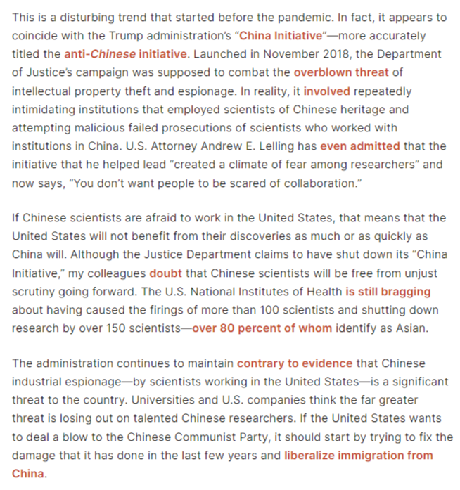 In 2017, the USA welcomed 4292 published research scientists on net; China welcomed 116; &amp; non-US OECD nations lost 2927.

By 2021, the USA saw 4 scientists leave (again, on net); the non-US OECD welcomed 1792; and China welcomed 2408.

This is a self-inflicted disaster.