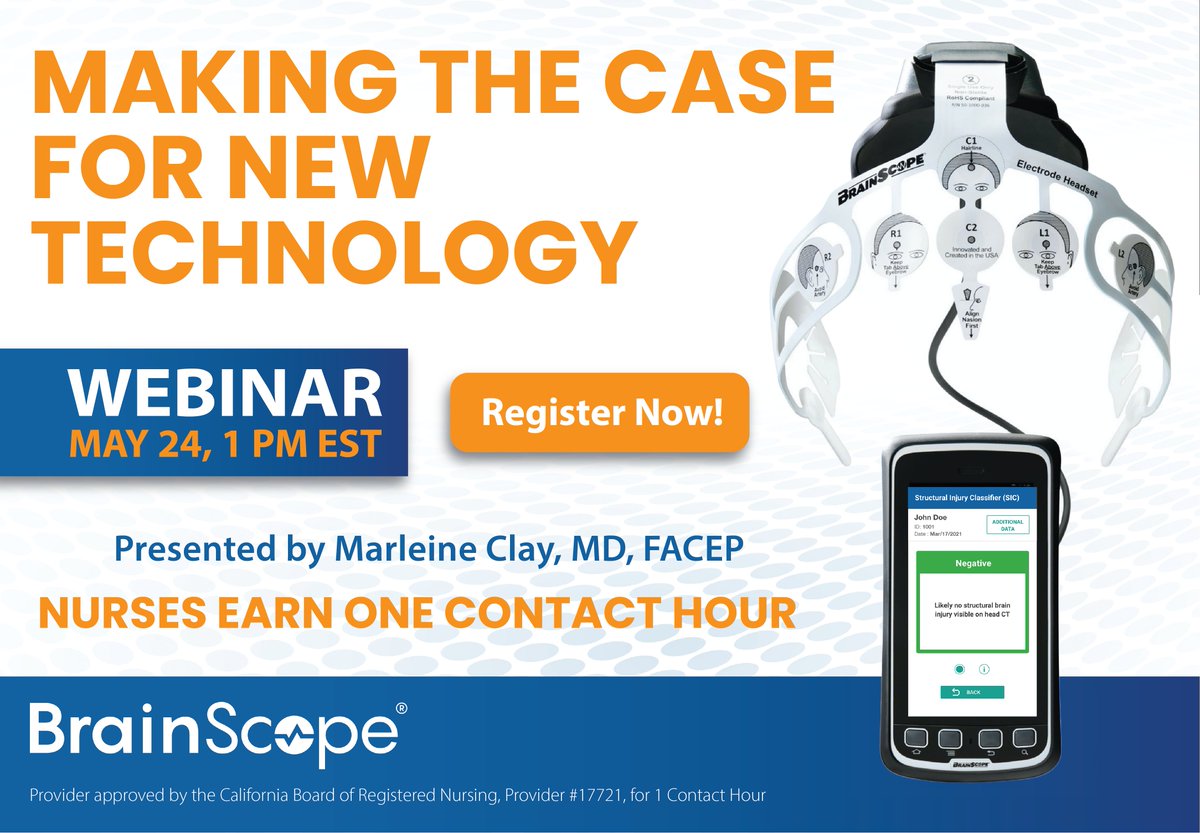 BrainScope's tweet image. How can clinicians successfully bring new technology into the Emergency Department? Join us on Wednesday, May 24 at 1 PM Eastern to learn more at our free webinar. Register here: bit.ly/3MlSCOg

#ScopeOfPractice #webinar #EmergencyDepartment
