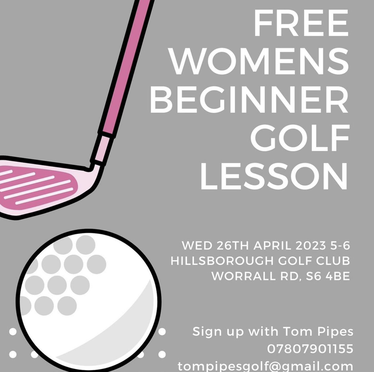 ⛳️ FREE WOMEN'S BEGINNER GOLF LESSON ⛳️

Taking place on Wednesday 26th April from 5pm to 6pm at HGC.  To sign up get in touch with <a href="/Pipesy93/">Tom Pipes</a> via the details below.

#Golf #GolfSheffield #Sheffield