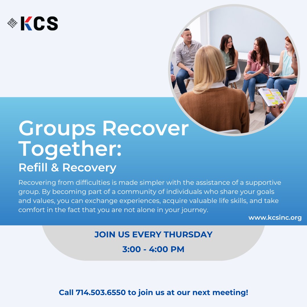 KCSHealthCenter's tweet photo. Supplement your recovery journey with group therapy! Meet like-minded individuals, get your bup refill, and earn KCS Chips for exciting prizes. Join our sessions every Thursday at 3 PM. Open to all KCS MAT patients. Call 714.503.6550 to join Groups Recover Together now. #KCS https://t.co/h3lTO48gKo