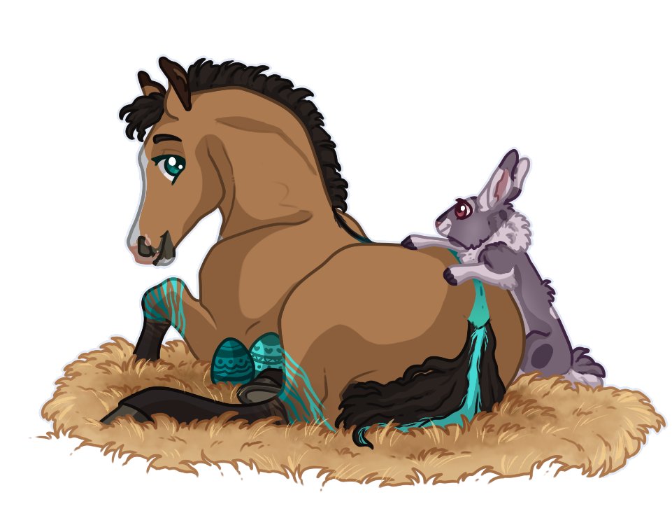 The Easter bunny paid a visit to me and to Renegade !  What a blessing 💜
Donkey is mine
🐴Renegade @okapi_horse 
🐇@hoofurs 
🎨Super sweet and perfect art by @mei_mood , please support their artwork!