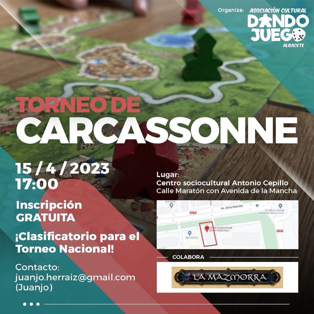 Este finde tenemos doble cita! 
1) Sábado por la mañana torneo de Catan a partir de las 11. 
2) Sábado por la tarde torneo de Carcassone a partir de las 17. 
Ambos en el CSC Antonio Cepillo. Ambos clasificatorios para el Torneo Nacional. Que más se puede pedir! +info MD o cartel.