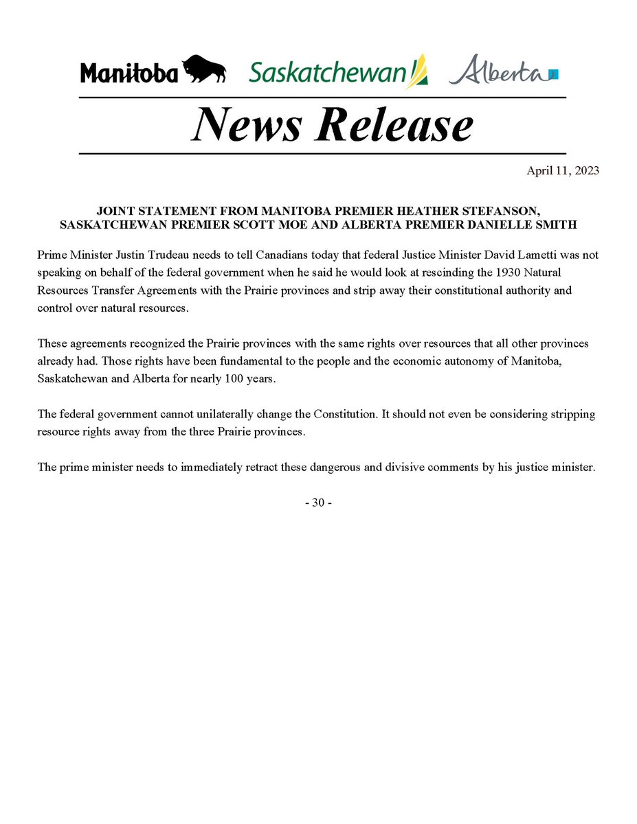 Along with <a href="/ABDanielleSmith/">Danielle Smith</a> and <a href="/HStefansonMB/">Heather Stefanson</a>  we are calling on Prime Minister <a href="/JustinTrudeau/">Justin Trudeau</a> to immediately retract the dangerous and divisive comments made by his Justice Minister.