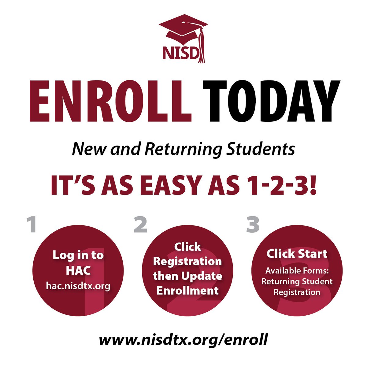 Online enrollment is now open for the 2023-2024 school year at nisdtx.org/enroll! Families of current students returning next year can enroll their children in a quick, three-step process, and families new to the district can also enroll their children today.