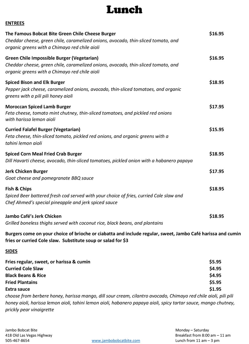 JamboSF's tweet photo. Jambo Bobcat Bite lunch menu - we serve lunch from 11 am - 3 pm, Monday - Saturday - 418 Old Las Vegas Hwy, Santa Fe https://t.co/aW9xCDeCSh