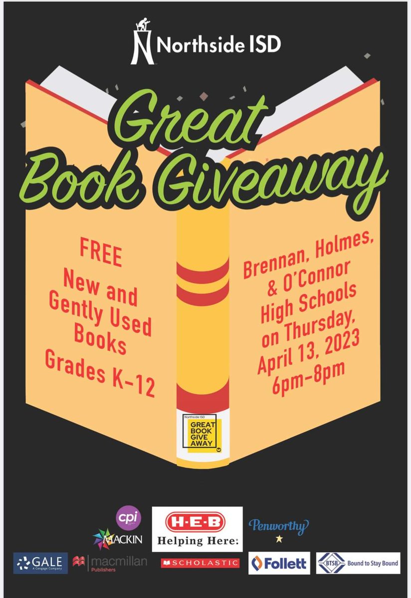 The #GreatBookGiveaway is next Thursday 4/13! This is drive-through event - students must be present to receive books. Books will be a mix of new and gently used. Elementary, middle, or high school bundles available. Choose from 3 convenient locations (see image)! #NISDLibraries