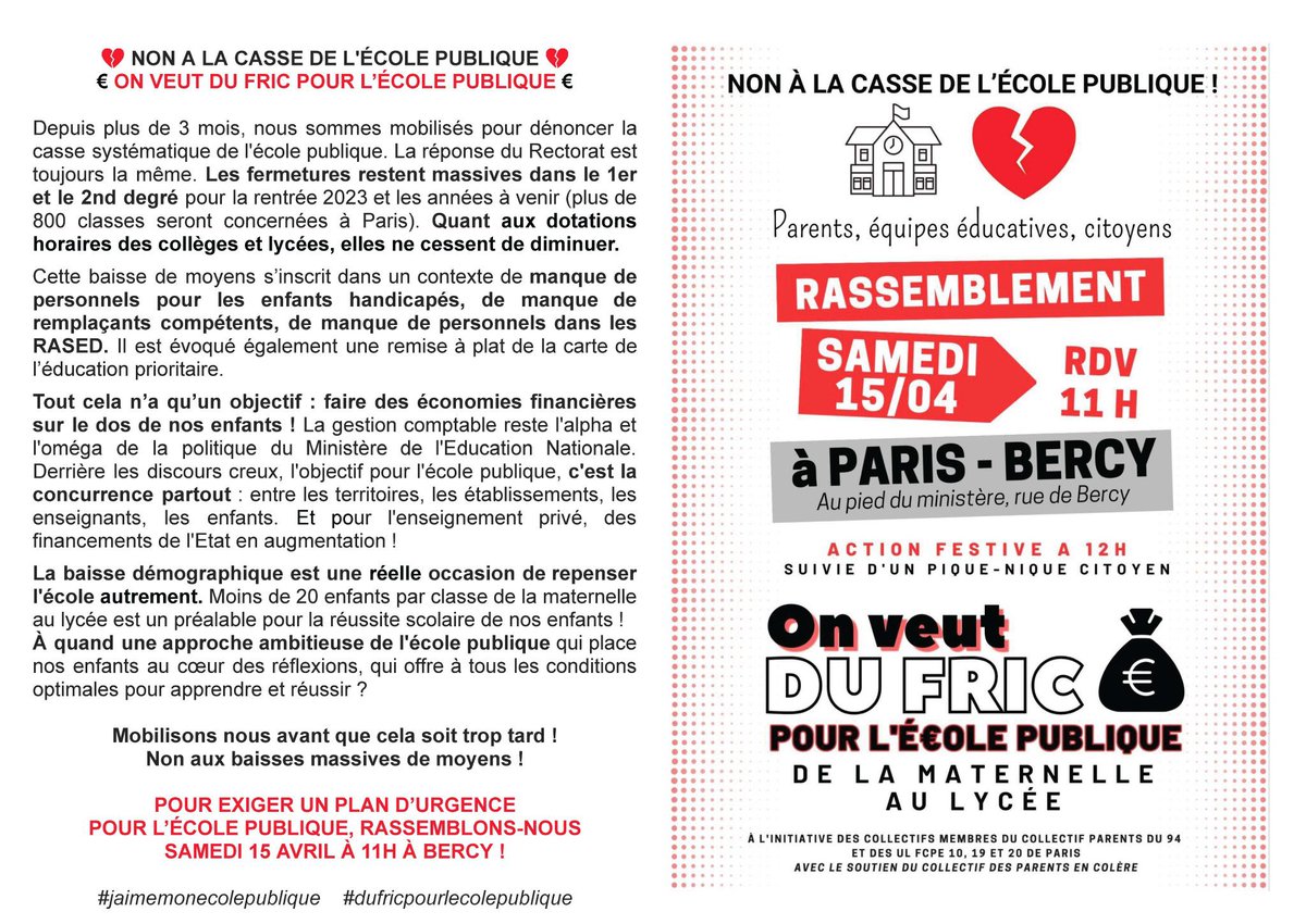 📣 samedi 15 avril on vous attend nombreux à 11h à Bercy pour exiger un plan d’urgence pour l’école publique ! #jaimemonecolepublique <a href="/education_gouv/">Ministère Éducation nationale</a> <a href="/PapNdiaye/">Pap Ndiaye</a>