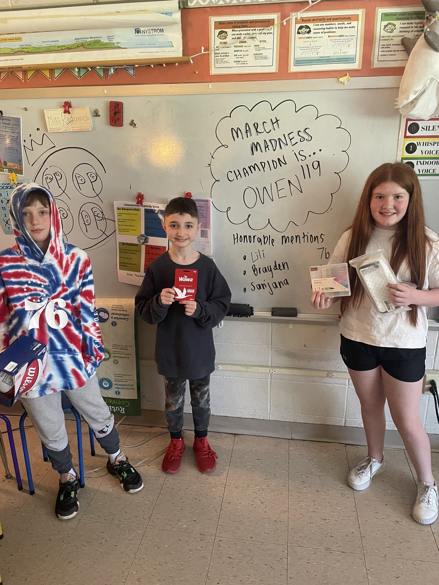 OPFabinFifth's tweet photo. Today we crowned our March madness champion and talked about the probability of choosing the winning team. Kudos to these three for choosing teams that made it into the final four and even one that chose the champion! #mathinreallife #MarchMadness #OPsharks https://t.co/OS9Fu2qaid