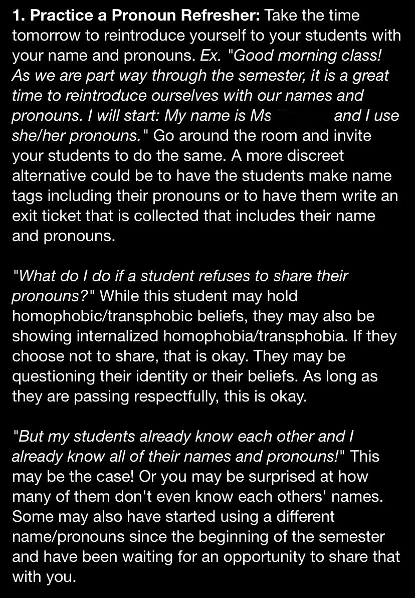 ChanLPfa's tweet photo. Here is an email that was sent to teachers at one TDSB high school today, advising them to “reintroduce” themselves to their class tomorrow, sharing their name and pronouns, and to invite students to do the same for #internationaldayofpink.

If a student refuses, it might be because of “homophobic/transphobic beliefs,” or “internalized homophobia/transphobia,” they are told.