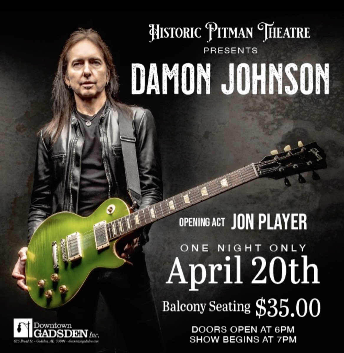 DamonJOfficial's tweet image. Gonna play a career’s worth of my songs in one night.

Thursday, April 20
7PM
Gadsden, Alabama 

featuring:
Peter Keys (Skynyrd)
Jarred Pope (Brother Cane)
&amp;amp; Jon Player on bass 

Sponsored by the City Of Gadsden Chamber Of Commerce

Ticket info at damonjohnson.com/gigs