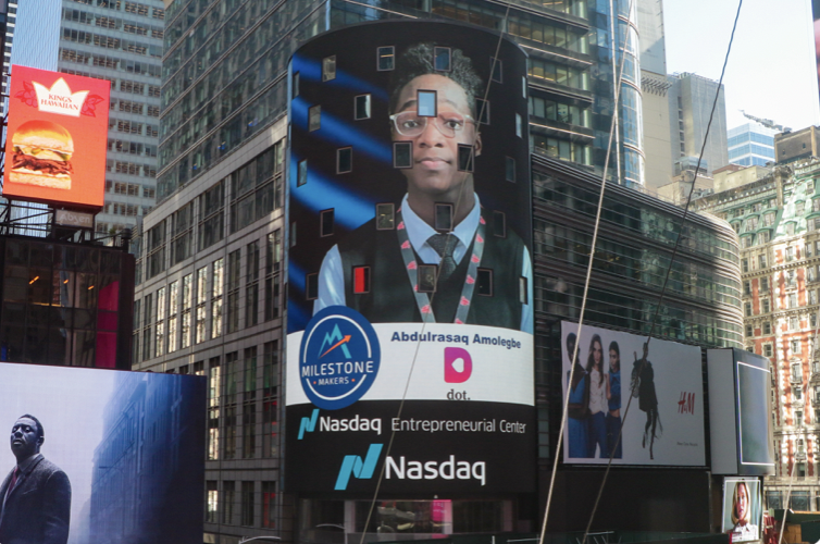 FutureFounders's tweet photo. Why, yes, that was Future Founders Bootcamper Dulra Amolegbe, Co-founder and CEO of @dot_fyh, featured on the Nasdaq Tower in Times Square the other day! AMAZING! 🥳 https://t.co/GVjx3ck53n