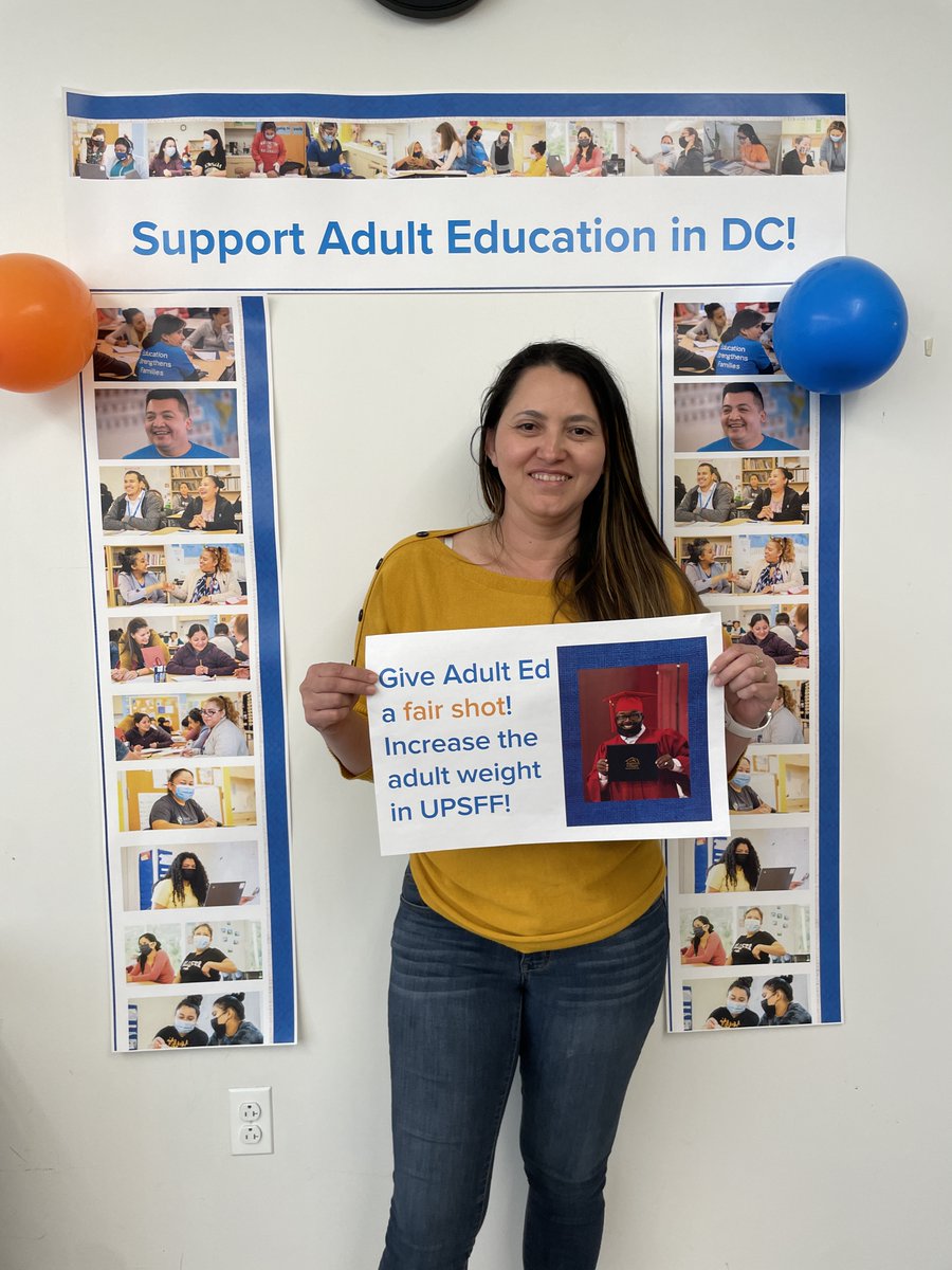 BriyaPCS's tweet photo. Look at the proud educators of Briya Public Charter School! They know #DCAdultEd is crucial to our city. @councilofdc needs to fund adult learners at 100% of the #UPSFF foundation rate as recommended in the 2013 Adequacy Study. https://t.co/qWQIaRg5PS