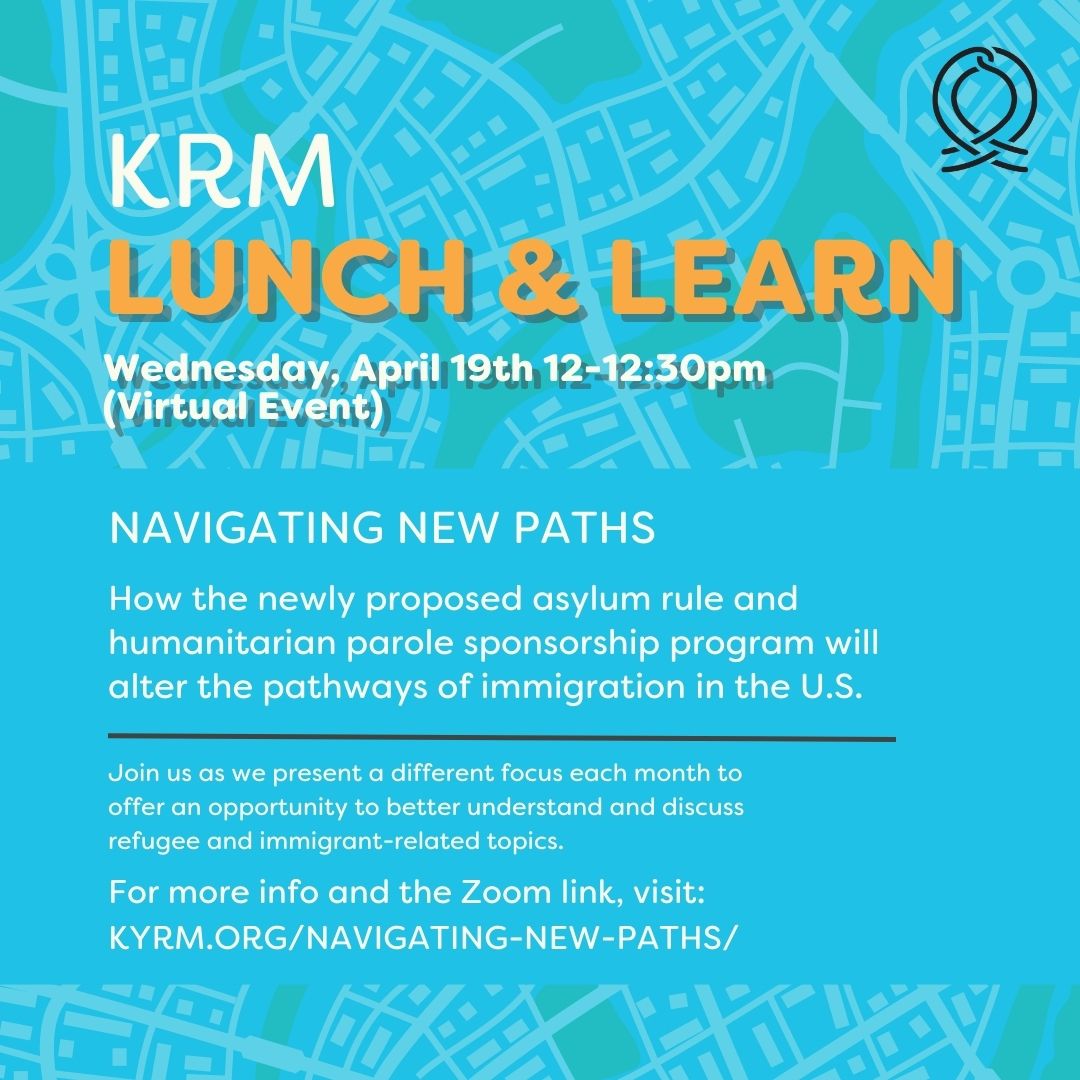 Get ready for our KRM Lunch &amp; Learn event on Wednesday, April 19th, from 12-12:30pm! Join us for an opportunity to learn and discuss important refugee and immigrant issues.  
Visit: kyrm.org/navigating-new…… for all the details.  #KRM #LunchAndLearn #Immigration #RefugeeSupport