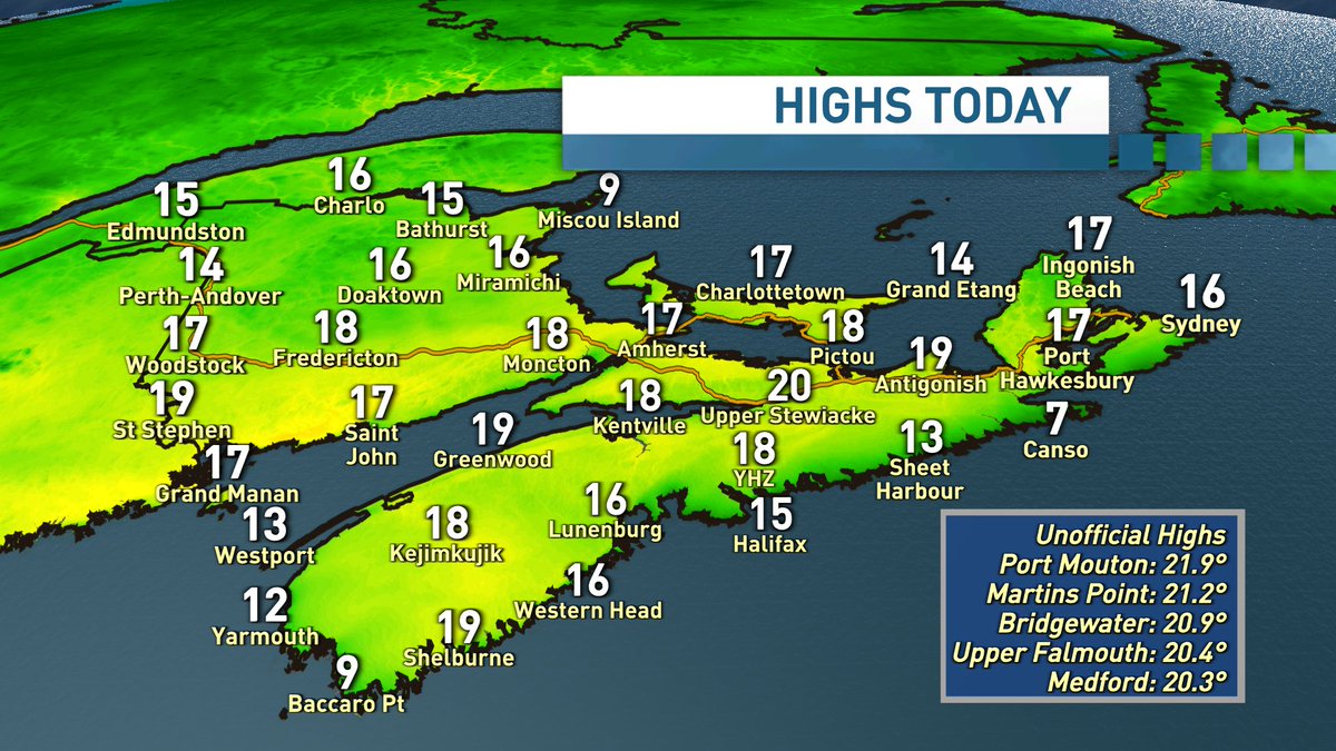 What a day! 
Highs through 4pm show widespread mid to high teens and our first official (Upper Stewiacke) and unofficial 20.0°+ temperatures of the season! Basically our warmest day here in the Maritimes since November 12th.  
#nswx #nbwx