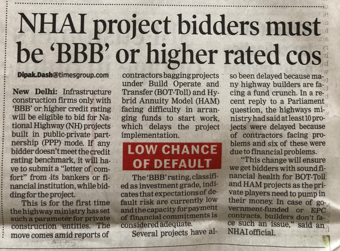 #Bidders with min. BBB external #credit #rating eligible for #NHAI road #projects on #PPP  mode or Letter of #credit from bankers req. 

May lower #default chances under #HAM and #BOT-Toll models. 

#projectfinance #infrastructurefinance #infrastructure #benchmark