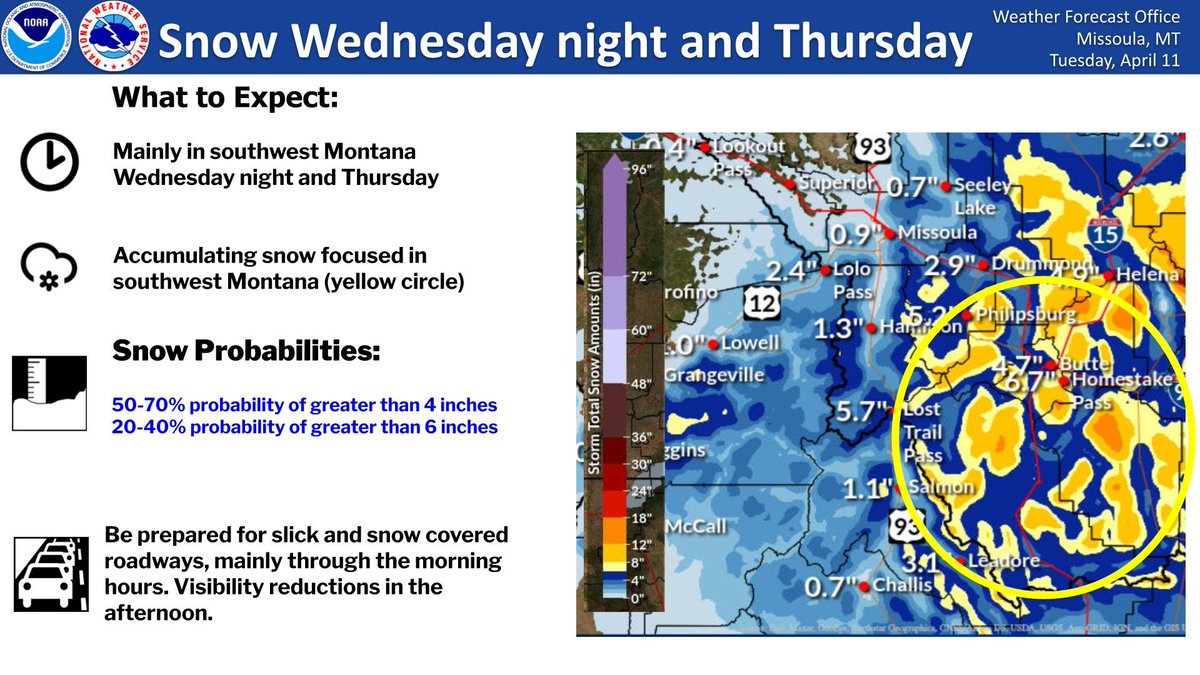 NWSMissoula's tweet photo. More snow Wednesday night into Thursday.
✅ Heaviest in SW MT/Lemhi County + area passes
✅ Plan for slick roads in these areas Thursday morning
✅ Lighter amounts rest of west-central MT and north-central ID. #mtwx #idwx #I90 #Butte #US93 https://t.co/Oy49TjSYuy