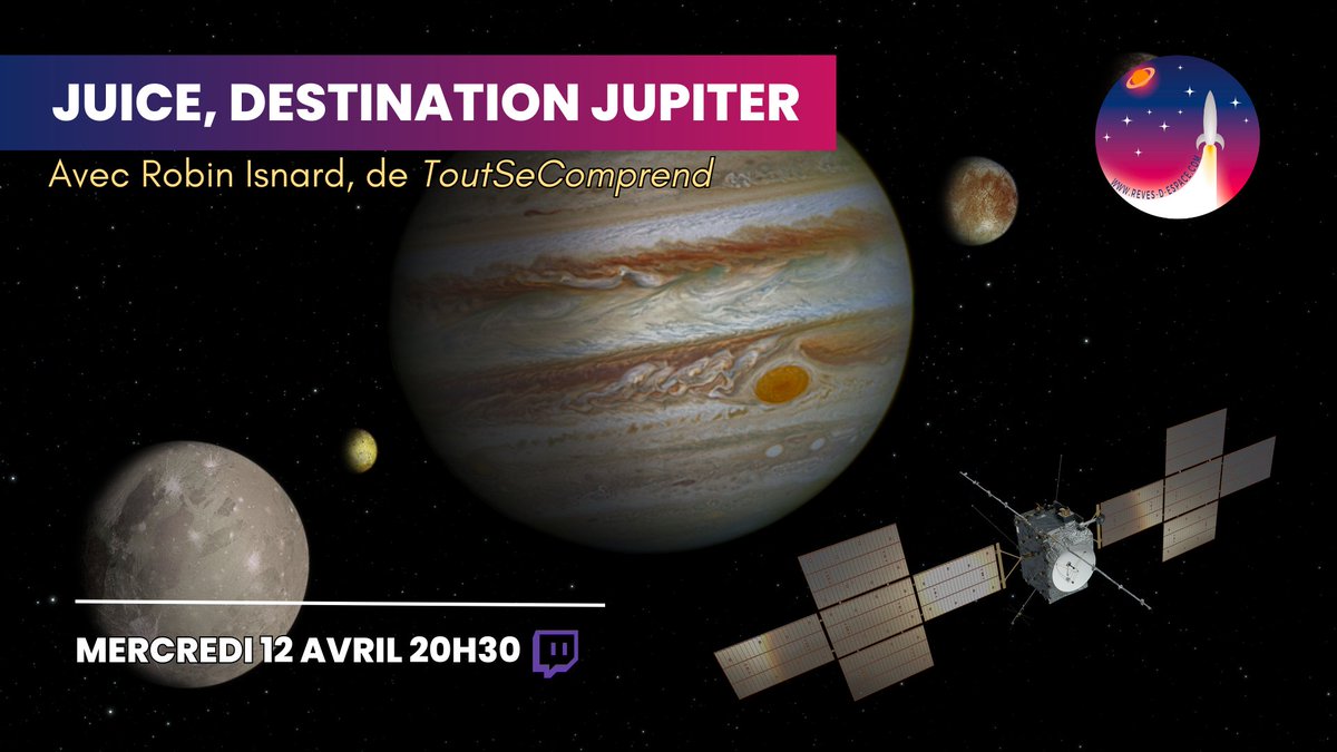 RevesdEspace's tweet photo. 📢 Live exceptionnel demain soir à 20h30 sur #Twitch avec @robin_isnard de #Toutsecomprend : #DestinationJupiter avec #ESAJuice🛰️🟠
➡️https://t.co/mXce01LlhN
➡️https://t.co/cJaKc3RHHP https://t.co/1xACFtfkYB
