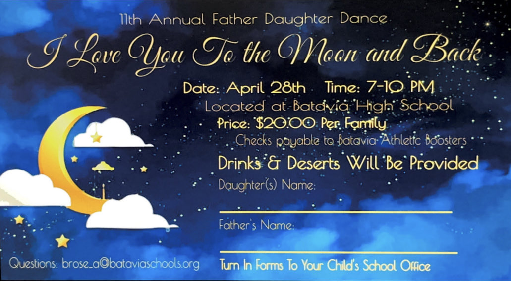 BataviaHoops's tweet photo. The 11th annual Father Daughter Dance is scheduled for April 28th. We look forward to another great evening for dads and daughters. Registration forms will be delivered to schools this week! ⁦@bataviaschools⁩ ⁦@BataviaBMS⁩ ⁦@batavia_elem⁩ ⁦@batavia_hs⁩ https://t.co/ImvR7Icknf