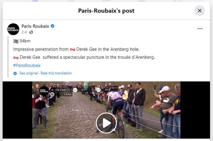 AshWarP's tweet photo. Impressive penetration from 🇨🇦 Derek Gee in the Arenberg hole. 
...or at least that's what Paris-Roubaix's official Facebook page is saying about it. 
Either they've been hacked or they've got some of the old 'Carry On' script writers working there these days. 🤔#ParisRoubaix https://t.co/7jXsAQ0BSi