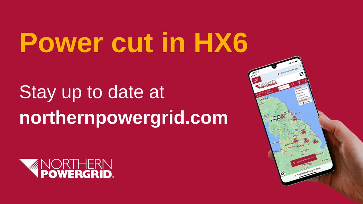 Northpowergrid's tweet photo. #Powercut in #HX6 affecting 550 customers. #TeamPowergrid are working hard to restore power and estimate to have all customers restored by 10:15 pm. Report your power cut online to be kept updated at https://t.co/yUY0nK6nFw. https://t.co/PtiO1jQCGU