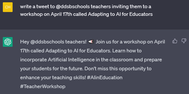 DDSBInnovation's tweet photo. On April 17, @DDSBInnovation is hosting a workshop called Adapting to AI for Educators. Details are on MyPD (31709). 

@amber_welton suggested I have ChatGPT write the tweet announcing the workshop.
304 characters?! Poor showing, AI. https://t.co/KBTogCSlbz