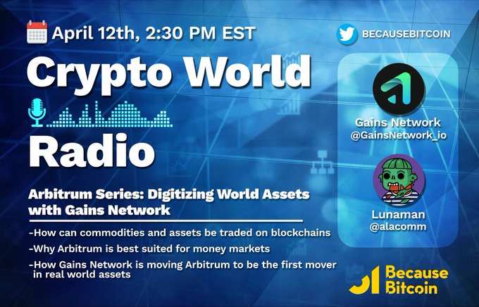 StakingZip's tweet image. Reminder : Tomorrows Spaces on @BecauseBitcoin at 2:30pm EST will feature more of our @arbitrum ecosystem content coverage and we will be hosting the team from @GainsNetwork_io in this exclusive AMA/ General discussion ! Don’t miss out :)