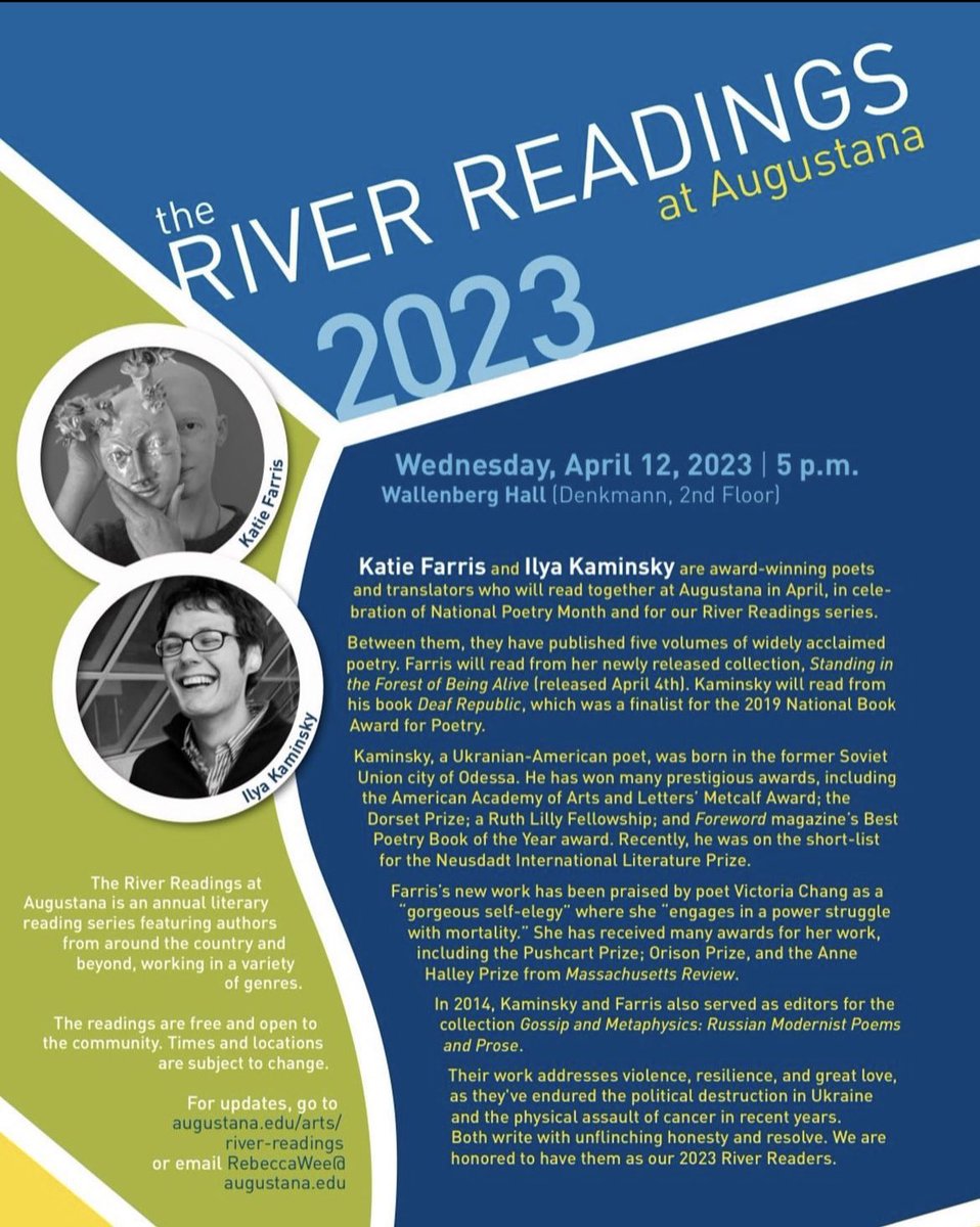 Augie_RWC's tweet photo. To celebrate national poetry month, Augustana is hosting The River Readings this Wednesday at 5pm in Wallenberg Hall! Come listen to award winning poets Katie Farris and Ilya Kaminsky! 📖 https://t.co/XO8ES0vOF1