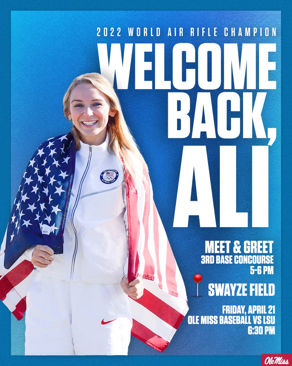 OleMissSports's tweet photo. Mark your 📅  and join us on Friday, April 21 at Swayze as we welcome back 2x All-American and @OleMissRifle alum @a_weisz! https://t.co/qCPEOAOMdO