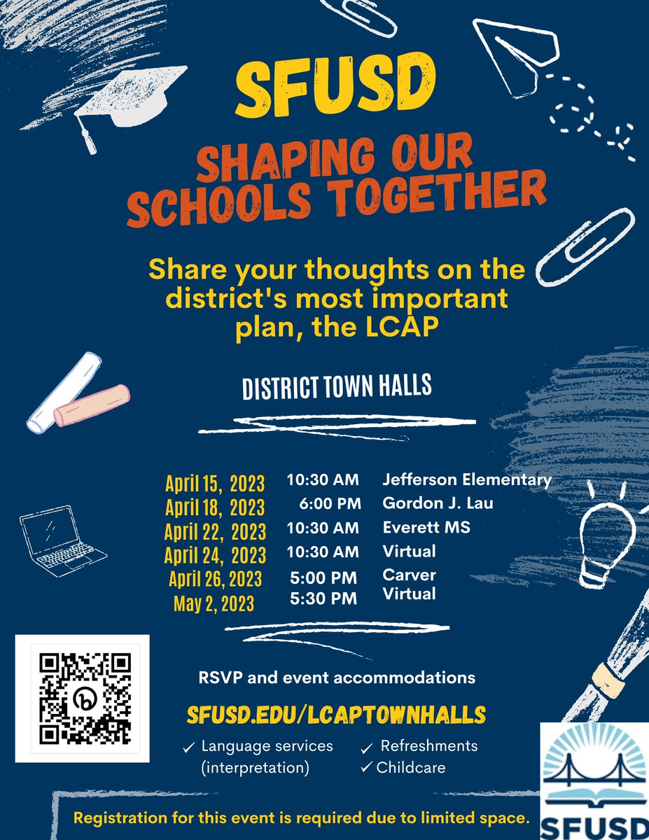 SFUnified's tweet photo. Join @SFUSD_Supe and SF Board of Education commissioners at upcoming town hall meetings to weigh in on schools and SFUSD’s Local Control and Accountability Plan. https://t.co/AjzmNesxRJ https://t.co/mMY1Ckqc3t