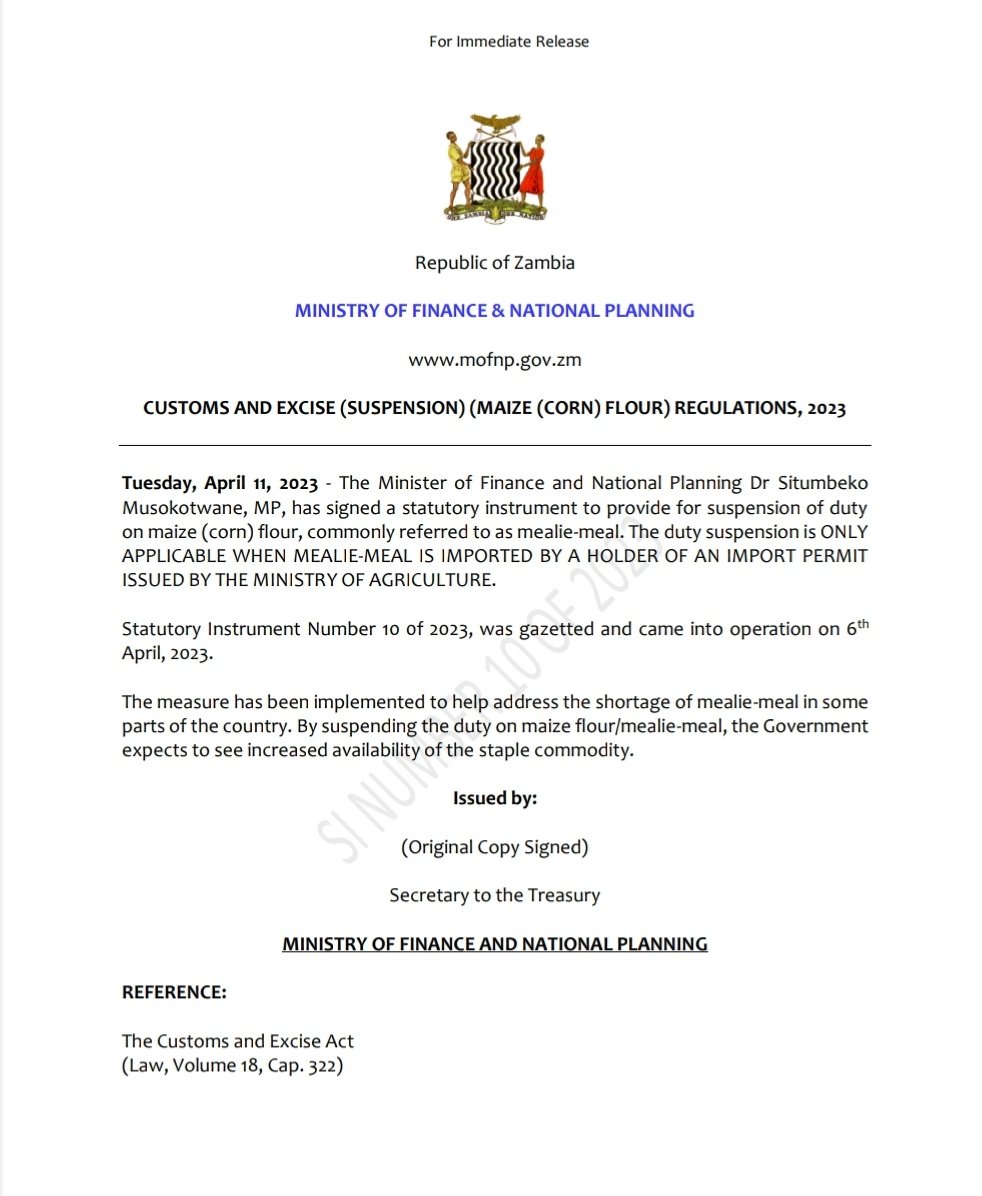 ShemMalinda's tweet photo. ZAMBIAN GOVT SUSPENDS DUTY ON MAIZE CORN FLOUR COMMONLY KNOWN AS MEALIE-MEAL https://t.co/OVRgDxwHy1