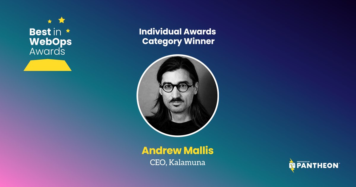 What an honor! 

Kalamuna's <a href="/andrewmallis/">Andrew Mallis</a> has won a 2023 #BestInWebOps Individual Award!

Thank You, <a href="/getpantheon/">Pantheon</a>, for the recognition!