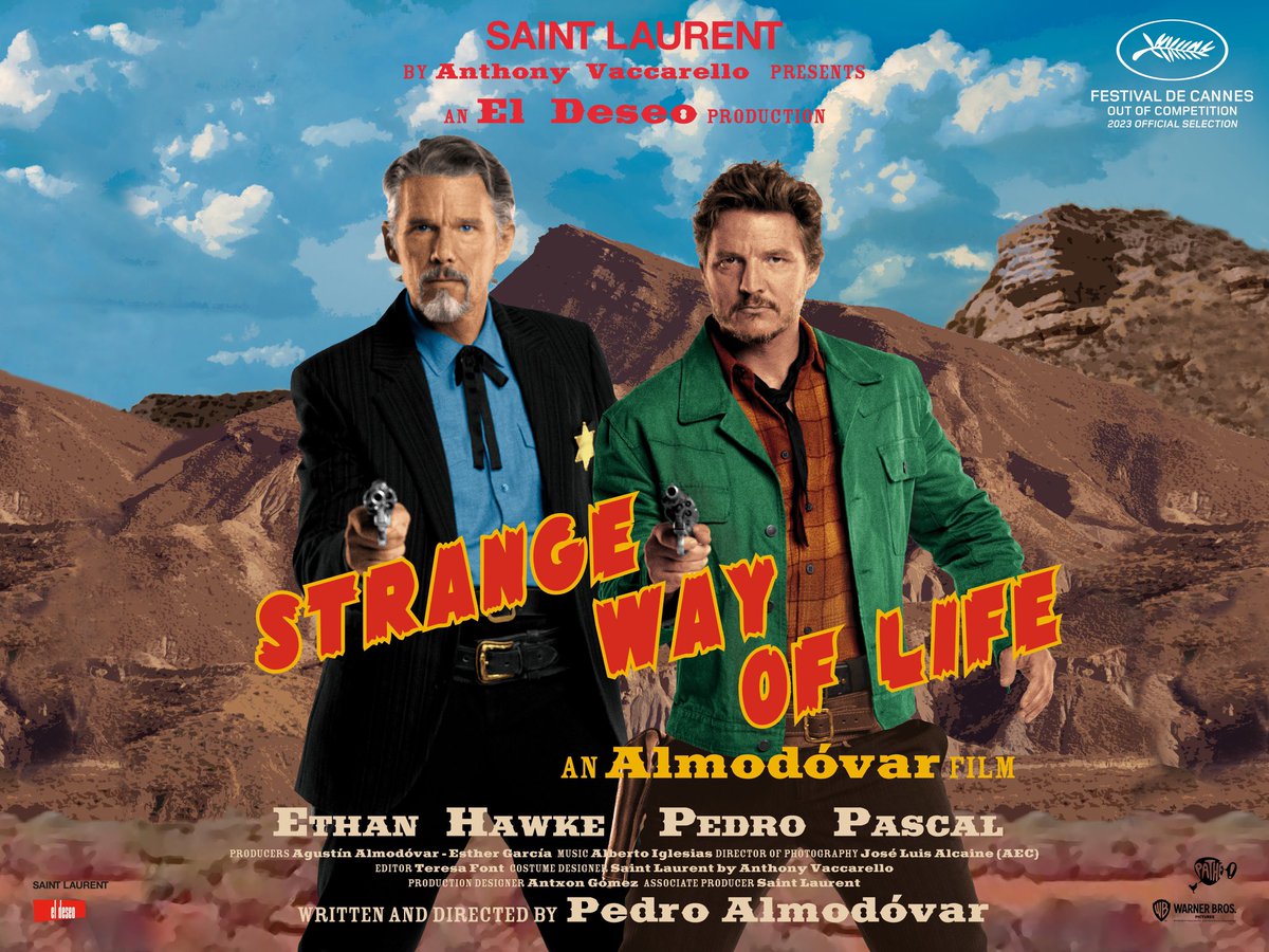 goliveira's tweet photo. El omnipresente Cerro Alfaro del cine de Leone acompaña a Ethan Hawke y Pedro Pascal en el primer cartel de EXTRAÑA FORMA DE VIDA. https://t.co/Vmz9M7NWtp