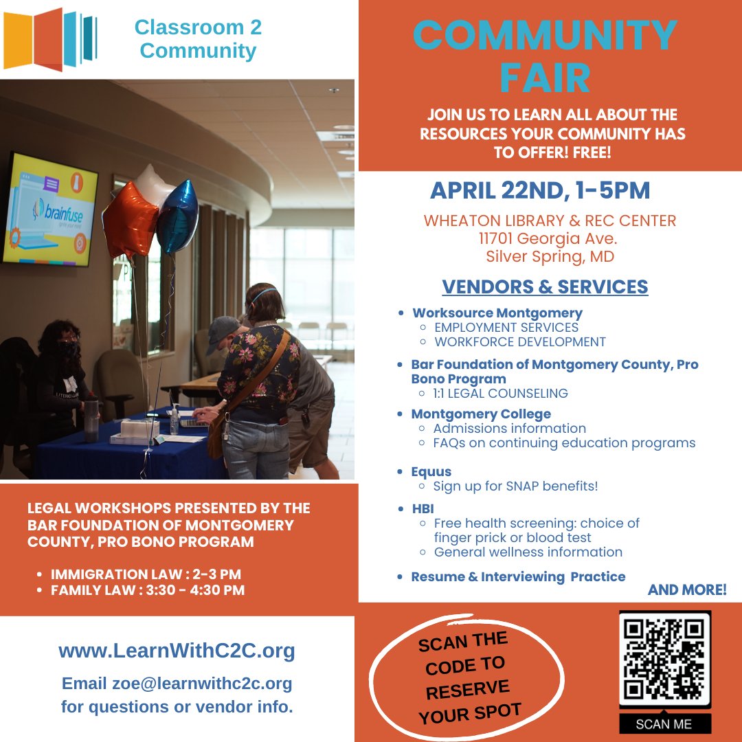 LCMCMD's tweet photo. NEXT SATURDAY!! Come to the Wheaton Library and Recreation Center on April 22nd, 1-5 PM to access FREE resources from healthcare to employment assistance. Register at the link in our bio! https://t.co/uKA8PJWGsz