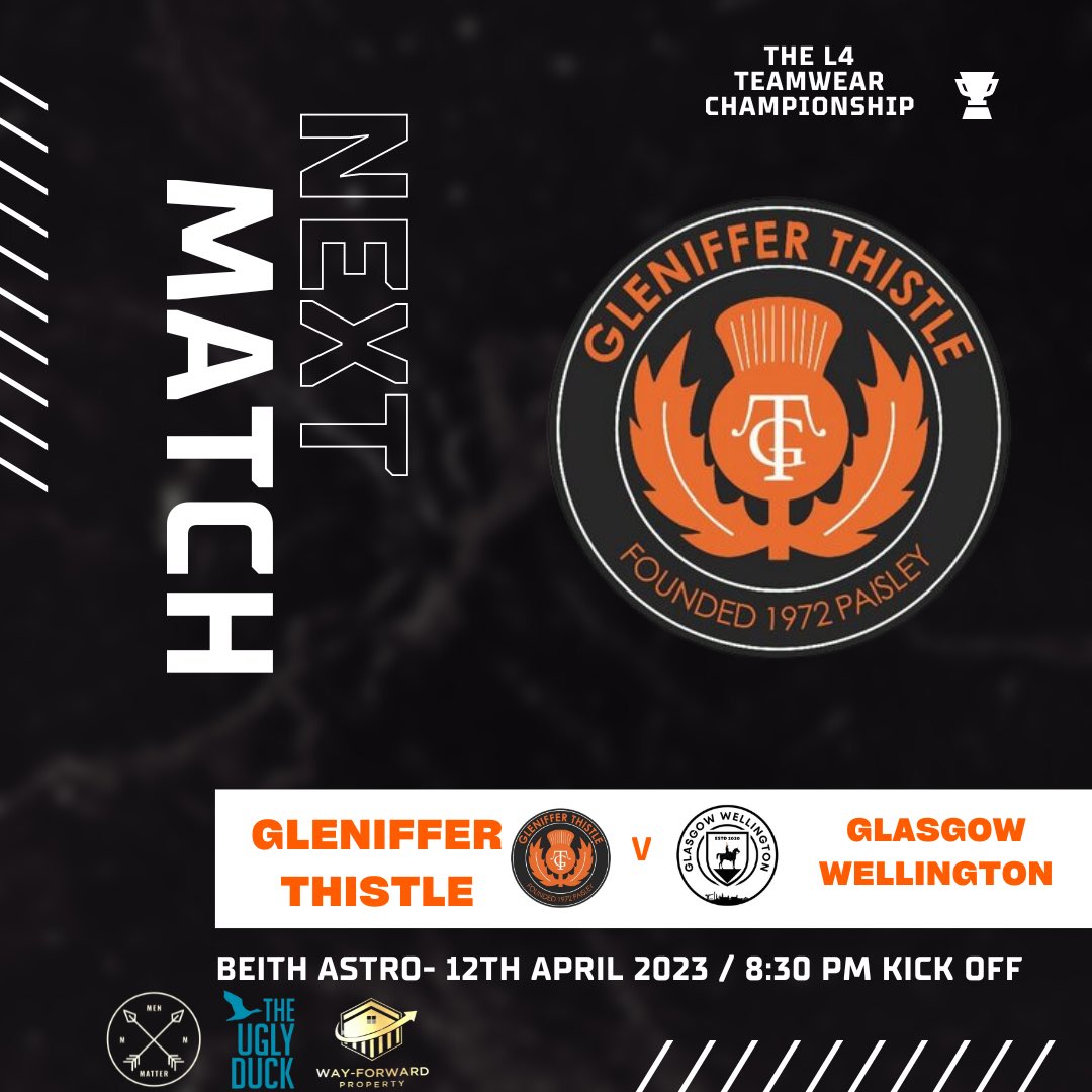 Up Next ⚽️

Tomorrow we take on Glasgow Wellington in our first encounter in the league. Thanks goes to them for taking the game short notice. 

⚽️Opposition: <a href="/GlasgowDukes/">Glasgow Wellington FC</a>  
🏆 Competition: League
📅 Date: 12th April
⌚️ Kick off: 8:30
🏟 Location:  Beith astro