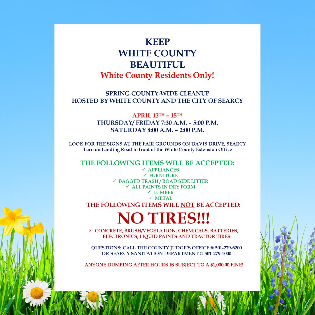 KeepARBeautiful's tweet photo. 📢 ATTENTION WHITE COUNTY RESIDENTS 📢

Join the City of Searcy for a county-wide cleanup &amp; bulky waste drop-off April 13th - 15th. Please see flyer for details!

#doYOURpart &amp; help keep #WhiteCounty beautiful!

#keepARbeautiful #GoCleanChallenge #GreatAmericanCleanup https://t.co/GHhvrTyoWF