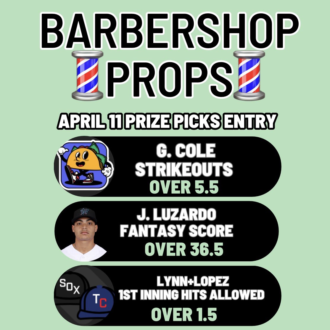 4/11 MLB Prize Picks Entry💈