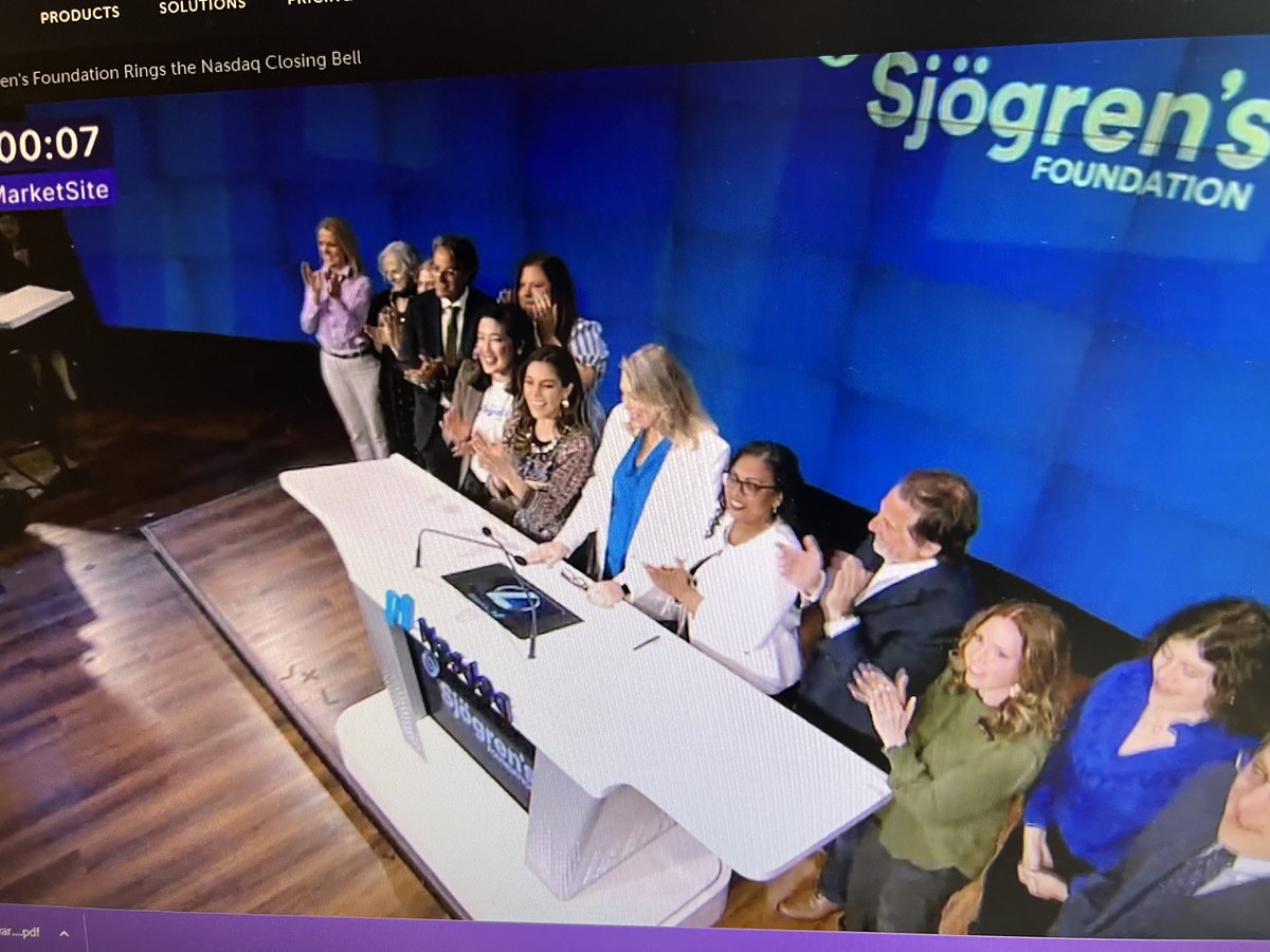Congrats! <a href="/SjogrensOrg/">Sjögren's Foundation</a> rang the closing bell at NASDAQ just now to bring awareness to #Sjogrens Awareness Month! Sjogren's disease is a systemic autoimmune disease that is underdiagnosed and affects 2-3 million Americans. Good job <a href="/janetchurch/">Janet Church</a>  and all at the Foundation!