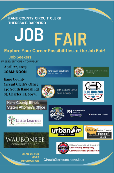 Kane_CircuitClk's tweet image. PLEASE Share!  Job Fair, Sat. 4/22 - 10AM-noon at the Kane County Circuit Clerk's Office, 540 S. Randall Rd., St. Charles   @kane_circuitclk #kanecountyil #jobfairnearme #jobfair #careerfair