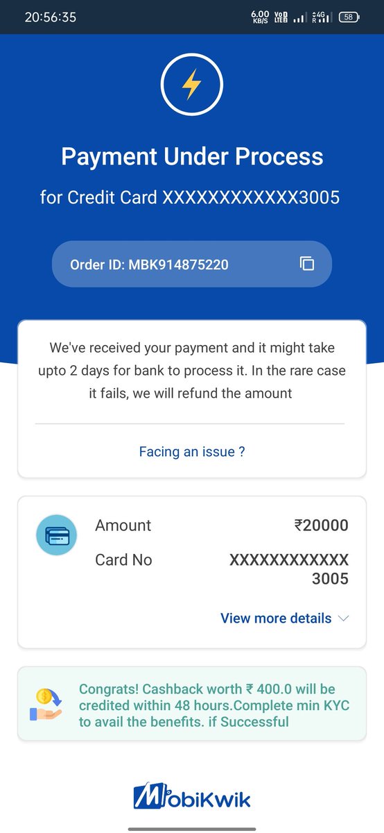 I made credit card bill payment of ₹20k from mobikwik on 8:55pm yesterday, even after 5 hours still showing trasaction pending..this app is really a great fraud app, don't make credit card bill payment <a href="/MobiKwik/">MobiKwik</a> anytime,fake app,they also robbed my ₹400 cashback,no reply on DM