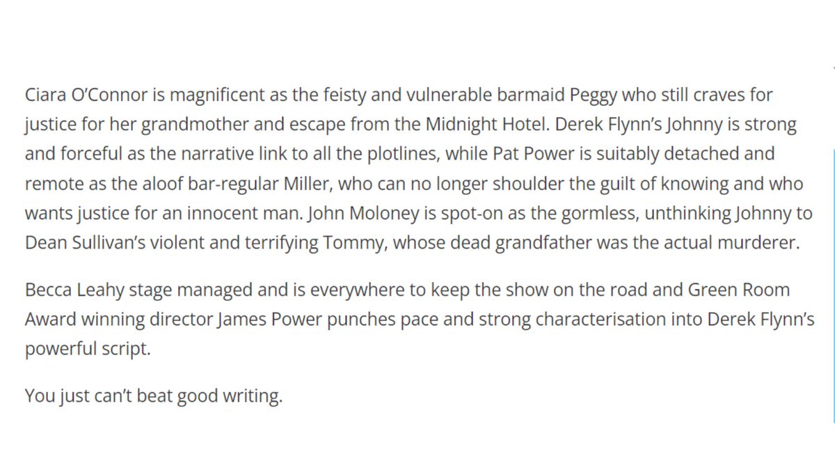 Huge thanks to Pat McEvoy for his stellar review of THE MIDNIGHT HOTEL in this week's <a href="/WaterfordNS/">Waterford News&Star</a>!

waterford-news.ie/2023/04/10/vie…

<a href="/WaterfordArts/">Waterford Arts</a> 
<a href="/WaterfordCounci/">Waterford City & County Council</a>