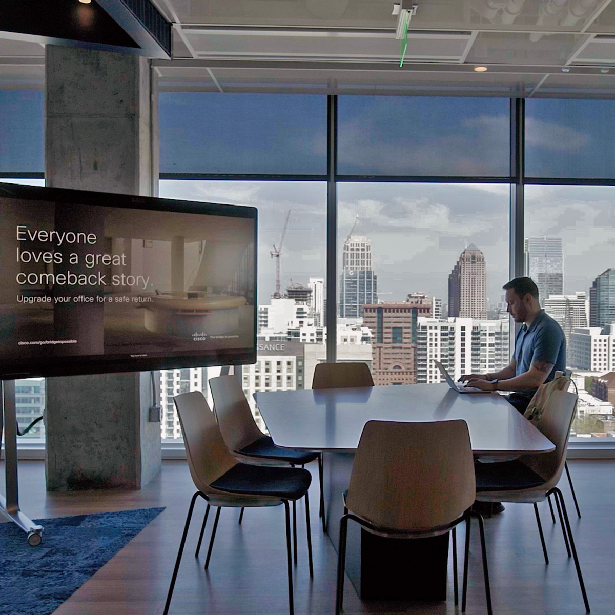 Cisco's tweet image. For the #HybridWork revolution, Cisco opens the doors to a new office space that’s #hyperconnected, #sustainable, and super smart ➡️ cs.co/6019OJ7rU

#SmartBuildings