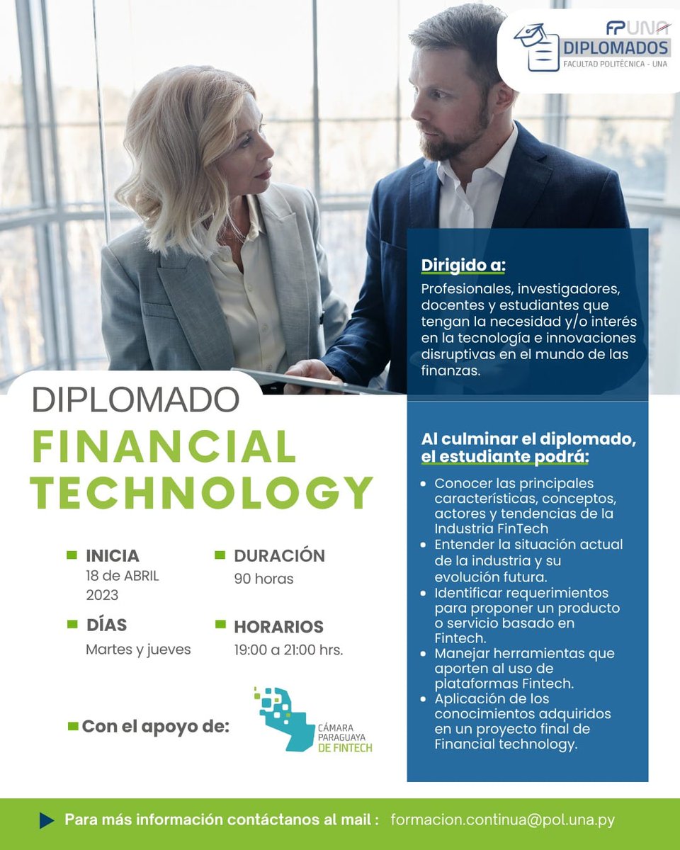 ¡No pierdas la oportunidad de ser un líder en la transformación digital del sector financiero! 

Si sos socio/a de la Cámara Paraguaya de Fintech contás con 25% de descuento.

Para más información e inscripción aquí: 0972 735 538.

Más datos en el link de la Bio, o escribínos.