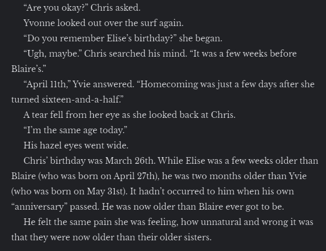 Happy birthday to Elise Gosselin, one of our heroines from Homecoming! In this section from Harbinger, her sister Yvonne reflects back on such an important date and the significance of those like it in life...

Get the Villa Vista Duology now! - amazon.com/dp/B0BNPTLFQD