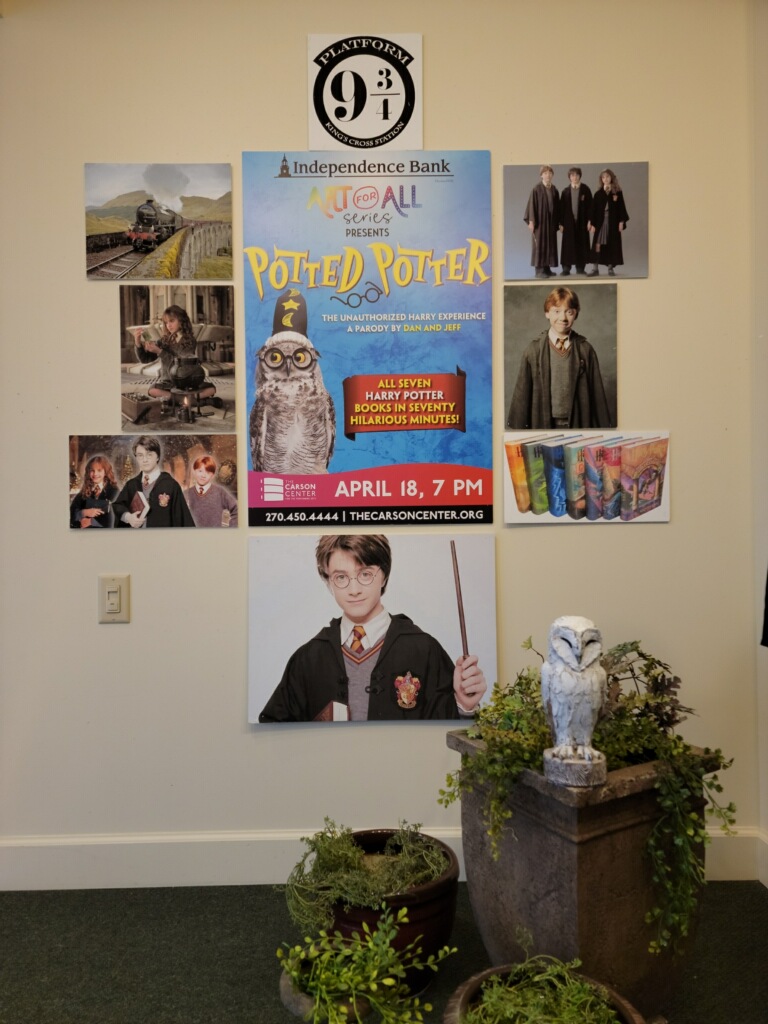 1776Bank's tweet photo. Even if you don’t know the difference between a Horcrux and a Hufflepuff, #PottedPotter will make you roar with laughter! Check out this great window display at our Jefferson Square location in #Paducah highlighting this hilarious show set for April 18th at the #CarsonCenter. https://t.co/2QEN7wzjlw